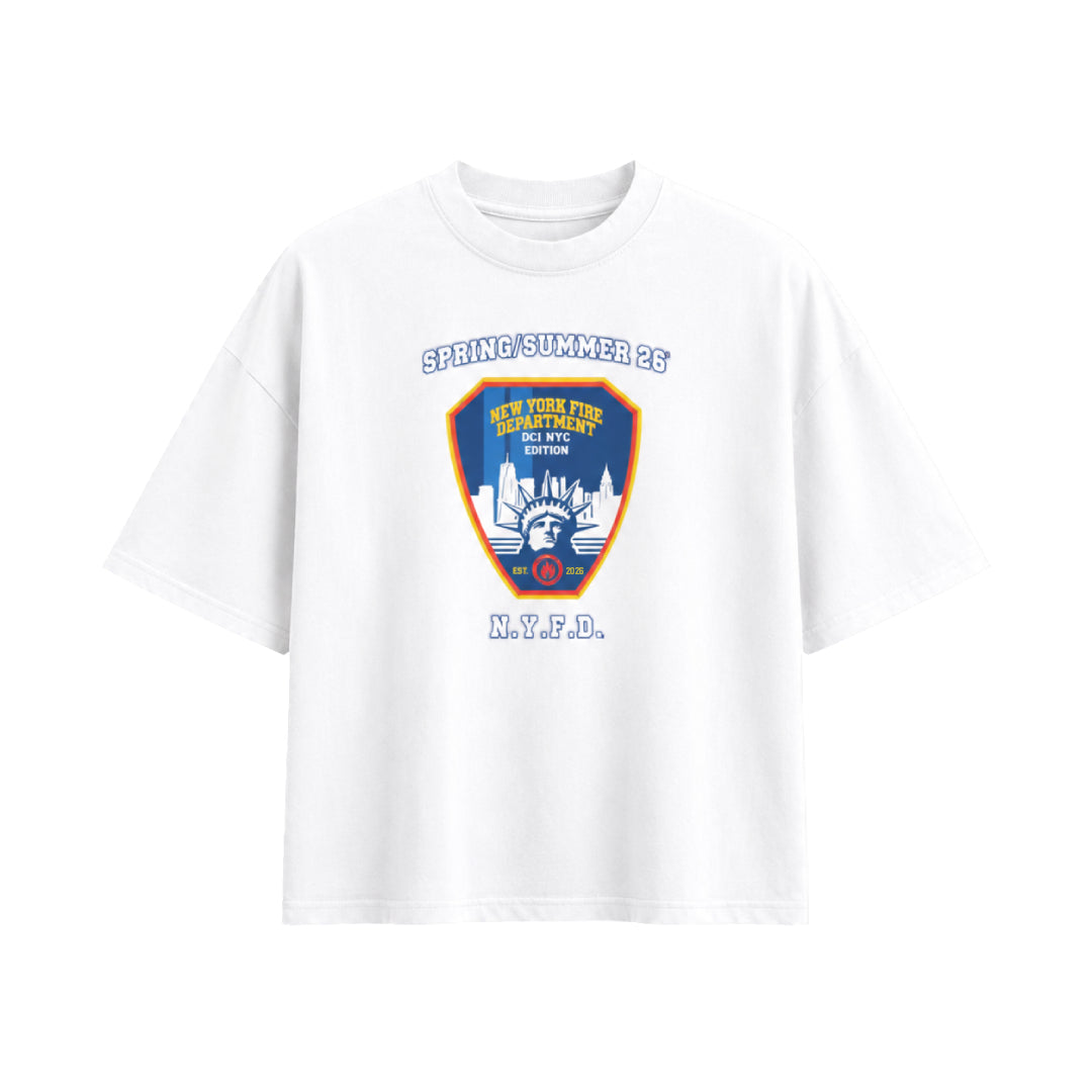 A white short-sleeve crewneck t-shirt featuring a New York City Fire Department shield graphic on the chest with the text 'SPRING SUMMER 27' and 'N.Y.